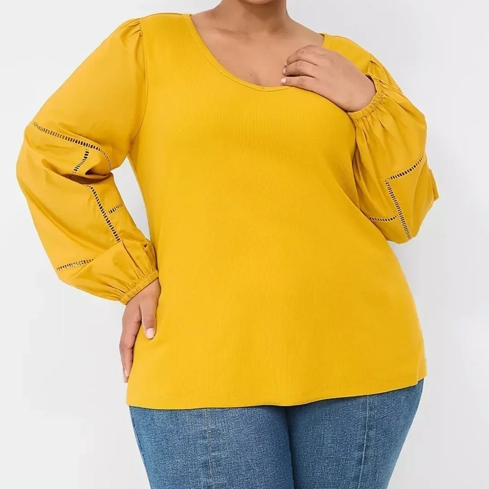 Lane Bryant Women's Size 26/28 Patch Work Long Sleeve Mustard Yellow cotton Top